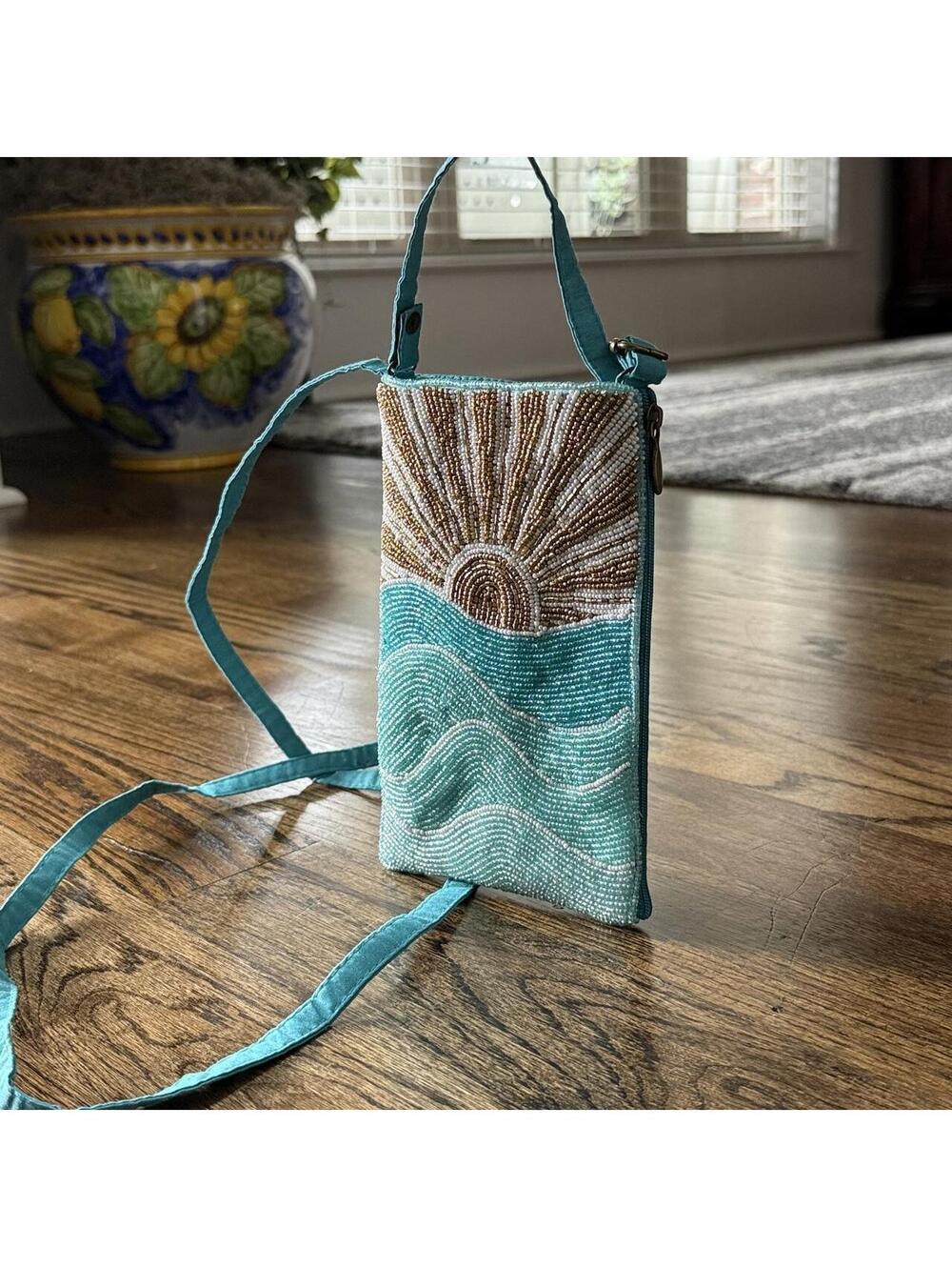 🌞🌊 Bamboo Trading Co. Rising Sun Beaded Crossbody Phone Bag